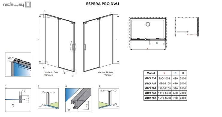 Душові двері Radaway Espera DWJ Pro з доводчиком soft-open/close двері відчиняються та зачиняються плавно 120 см 10090120-01-01L+10091120-01-01L