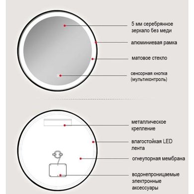 Зеркало Dusel Led DE-M2071D Black кругле 80x80 см сенсорне включення + підігрів+годинник/темп, Черный