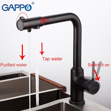 Смеситель для кухни с подключением фильтра черный шпилька Ø35 Gappo 1/8 G4390-10, Черный матовый
