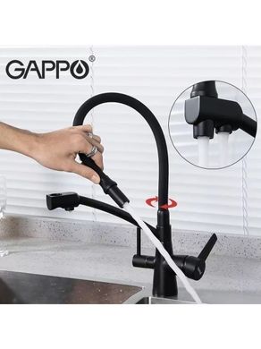 Смеситель для кухни высокий силиконовый гусак под фильтр латунный корпус гайка Ø35 черный Gappo G4398-16, Черный матовый