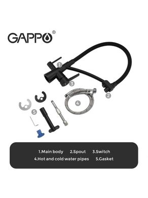 Смеситель для кухни высокий силиконовый гусак под фильтр латунный корпус гайка Ø35 черный Gappo G4398-16, Черный матовый