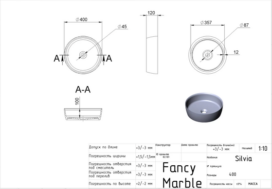 Умывальник Fancy Marble Silvia 400 9204101, Белый