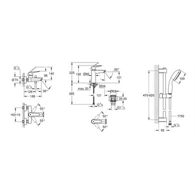 Набор смесителей 3 в 1 для ванной комнаты Grohe QuickFix Start Black UA303301MQ, Черный матовый