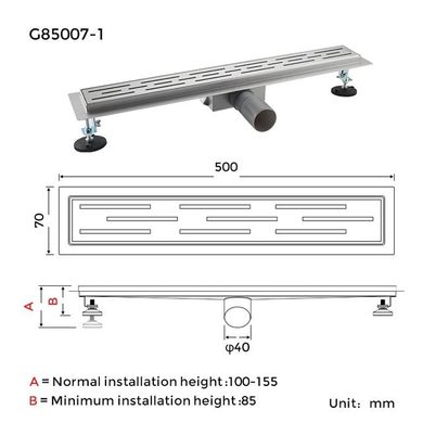Душовий канал Gappo G85007-1, 70х500 мм, нержавіюча сталь
