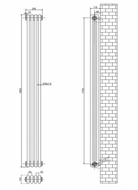 Вертикальный дизайнерский радиатор отопления Arttidesign Bari II 4/1800 чёрный матовый, Черный матовый