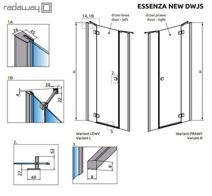 Душевая дверь Radaway Essenza New DWJS 140 см 385033-01-01R+384090-01-01