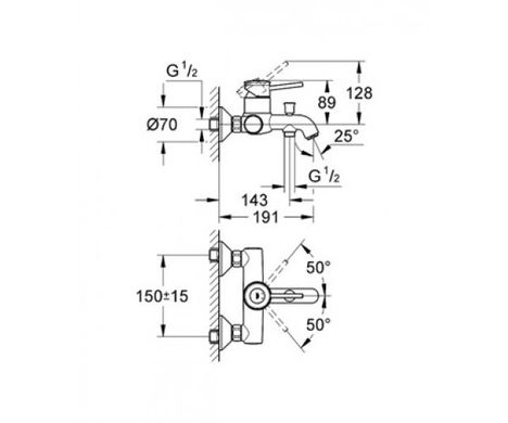 Смеситель для ванны Grohe Bau Classic 32865000, Хром