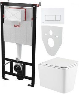 Комплект инсталляция Alcaplast 4 в 1 AM101/1120 с белой прямоугольной кнопкой M570 + подвесной унитаз Koller Pool Kvadro