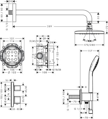 Душова система прихованого монтажу Hansgrohe Croma E 280 1jet Ecostat E з термостатом Chrome 27953000, Хром