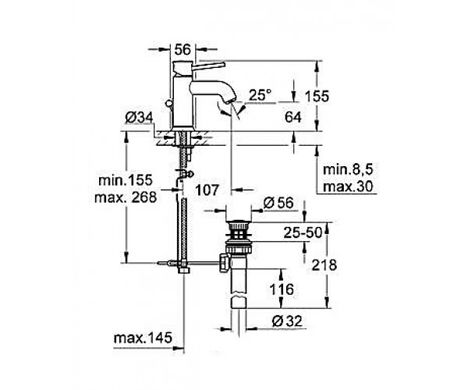 Смеситель для умывальника Grohe Bau Classic 23161000, Хром