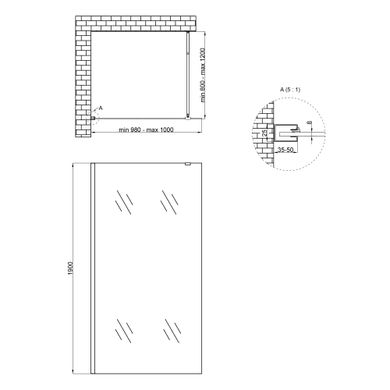 Душевая перегородка Qtap Walk-In Standard CRM201.C8 100x190 см, стекло Clear 8 мм, покрытие CalcLess, Универсальная, прозрачный