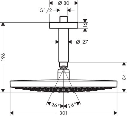 Верхній душ Hansgrohe Raindance Select S 300 2jet з тримачем зі стелі хром 27337000, Хром