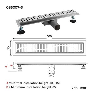 Душевой канал Gappo G85007-3, 70х500 мм, нержавеющая сталь