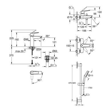 Набор смесителей 3 в 1 для ванной комнаты Grohe QuickFix Start M-Size UA202301ME, Хром