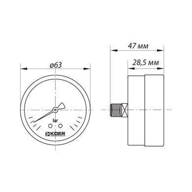 Манометр аксиальный Koer KM.611A (0-4 bar), D 63мм, 1/4''-1/2'' KR0210