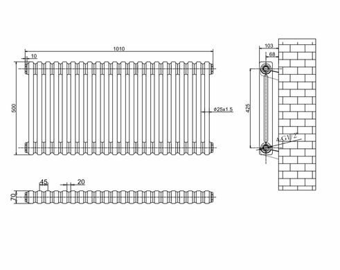 Горизонтальный дизайнерский радиатор отопления Arttidesign Bari G 22/500 чёрный матовый, Черный матовый