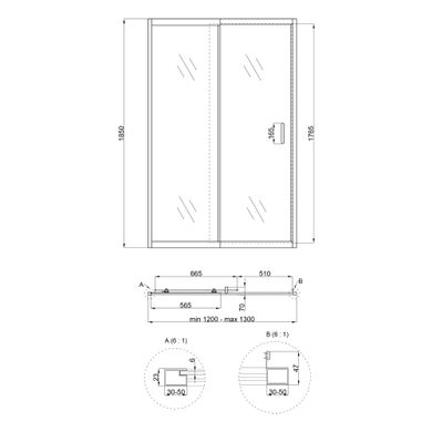 Душевая дверь в нишу Qtap Taurus CRM2012-13.C6 120-130x185 см, стекло Clear 6 мм, покрытие CalcLess, Универсальная, прозрачный