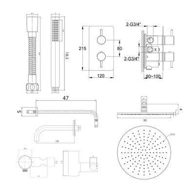 Душева система Kohlman Axel 30 graphite з термостатом + BOX прихованого монтажу KPL-QW433AG30, Графит