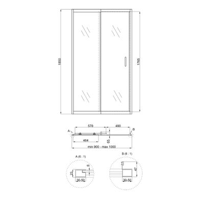 Душевая дверь в нишу Qtap Taurus CRM209-1.C6 90-100x185 см, стекло Clear 6 мм, покрытие CalcLess, Универсальная, прозрачный